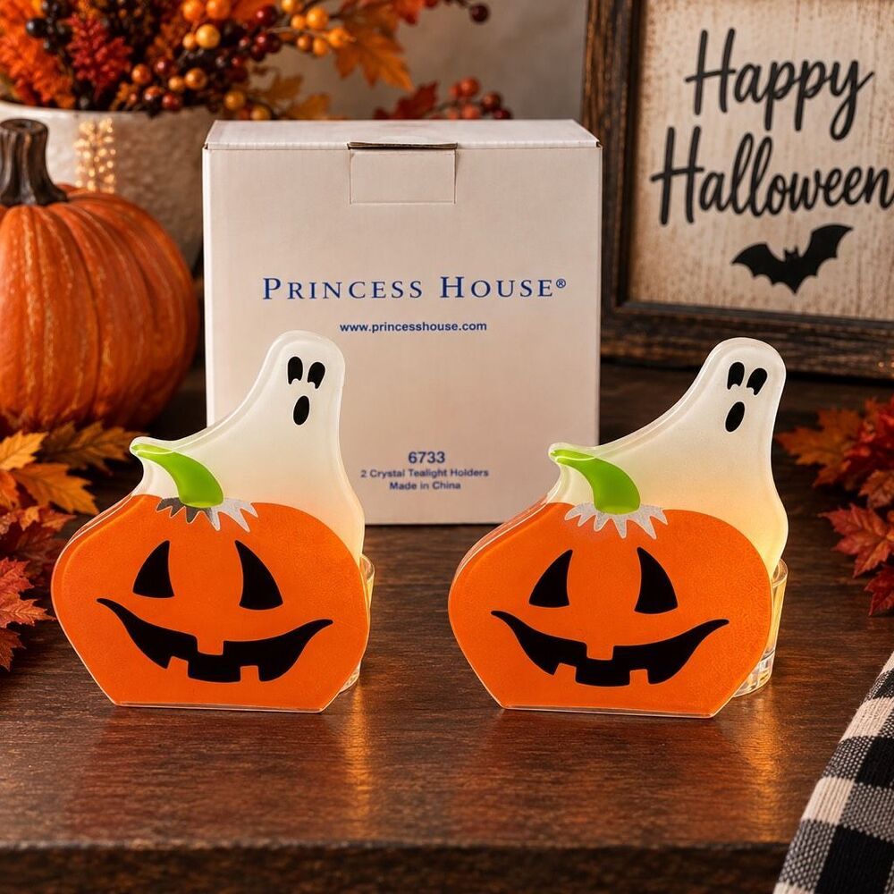 Princess House 6733 Halloween Ghost Pumpkin Crystal Tealight Holders Set of 2 RA